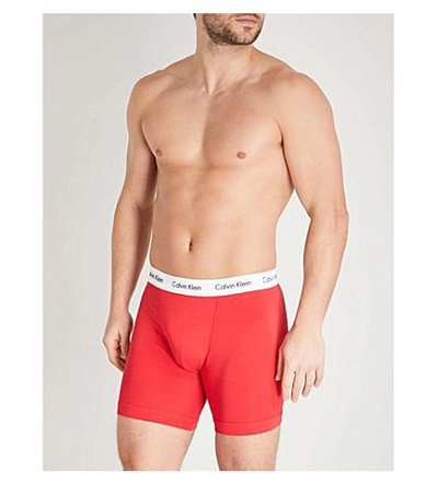 Shop Calvin Klein Pack Of Three Slim-fit Stretch-cotton Trunks In Blu Teal Red