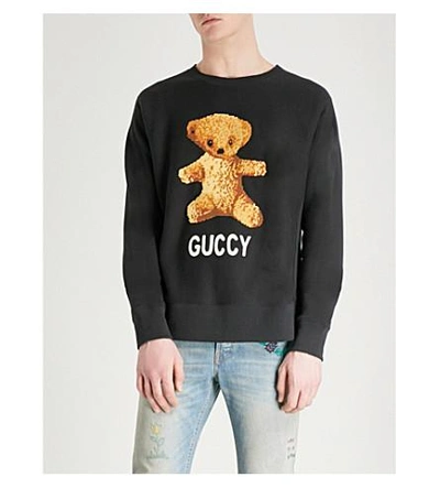Shop Gucci Teddy-embroidered Cotton-jersey Sweatshirt In Black