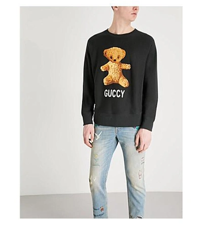 Shop Gucci Teddy-embroidered Cotton-jersey Sweatshirt In Black