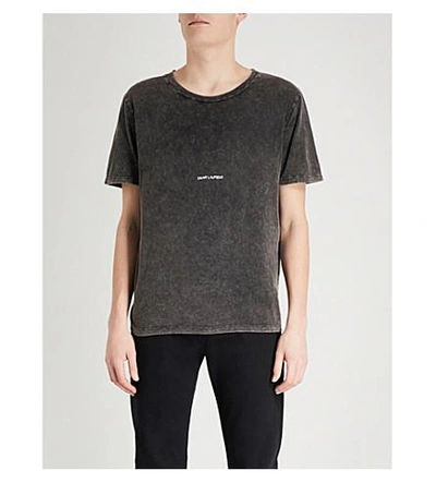 Shop Saint Laurent Logo-print Distressed Cotton-jersey T-shirt In Black