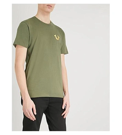 Shop True Religion Metallic Logo-print Cotton-jersey T-shirt In Military Green