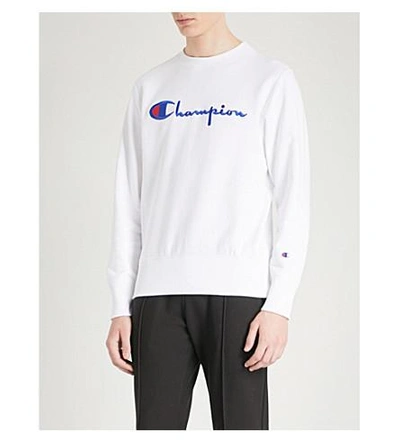 Shop Champion Logo Embroidered Cotton-jersey Sweatshirt In White