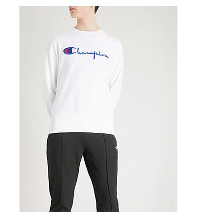 Shop Champion Logo Embroidered Cotton-jersey Sweatshirt In White