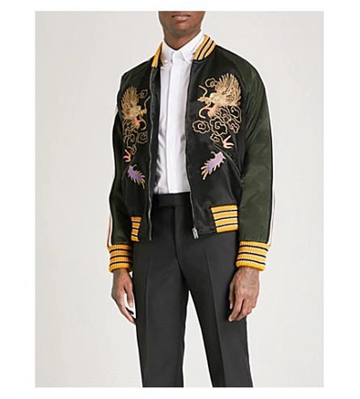 Shop Gucci Dragon-embroidered Satin Bomber Jacket In Black