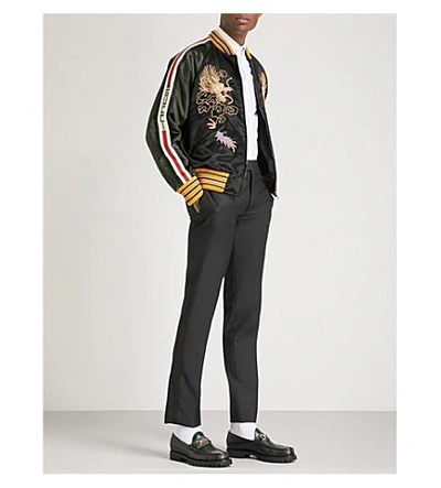Shop Gucci Dragon-embroidered Satin Bomber Jacket In Black