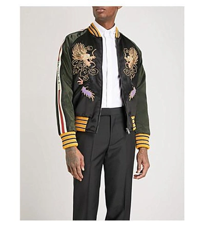 Shop Gucci Dragon-embroidered Satin Bomber Jacket In Black