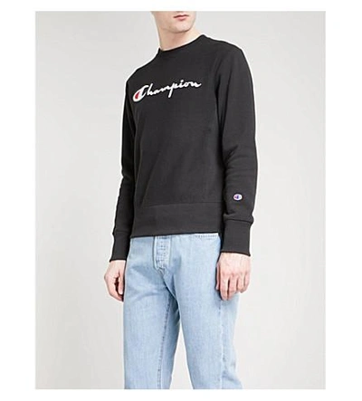 Shop Champion Logo Embroidered Cotton-jersey Sweatshirt In Black