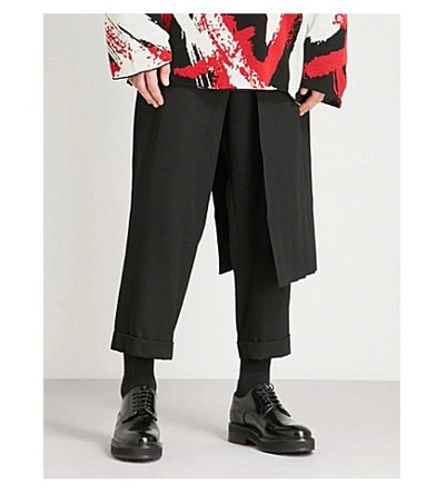 Shop Yohji Yamamoto Side-skirt Overlay Relaxed-fit Wool Pants In Black