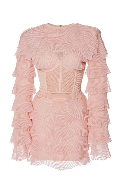Shop Balmain Ribbed Mini Dress In Pink