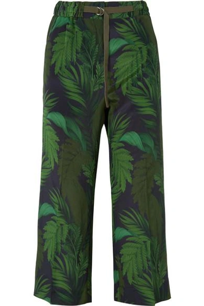 Shop Moncler Cropped Printed Silk Straight-leg Pants In Green