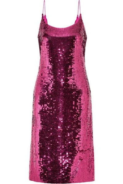 Shop Oscar De La Renta Sequined Silk-blend Chiffon Dress In Fuchsia