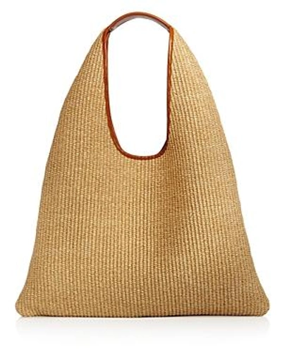Shop Arron Medium Triangle Raffia Shoulder Bag In Raffia Tan/gold