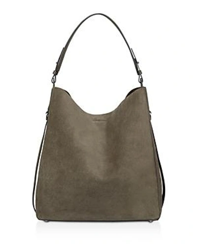 Shop Allsaints Paradise Suede North/south Tote In Mink Gray/silver