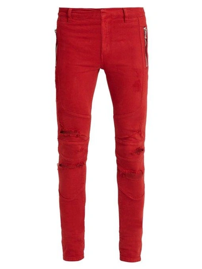 Balmain 15cm Destroyed Stretch Denim Jeans In Red | ModeSens