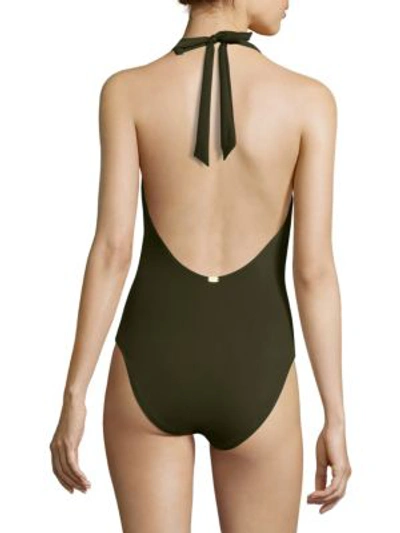 Shop Amoressa Halterneck Plunge One-piece Swimsuit In Olive Green