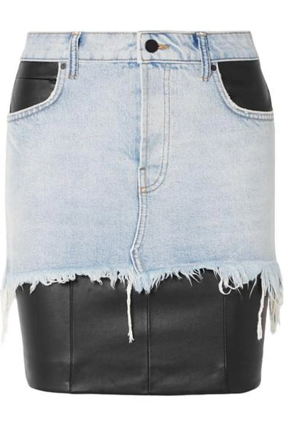 Shop Alexander Wang Layered Distressed Denim And Leather Mini Skirt In Black