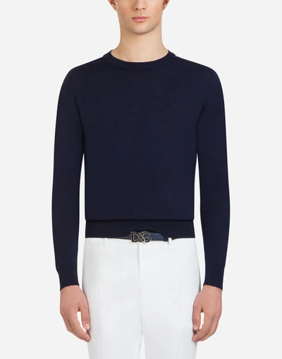 Shop Dolce & Gabbana Wool Crew Neck Sweater With Intarsia Logo In Blue