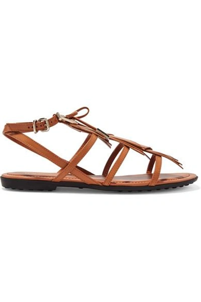 Shop Tod's Embellished Fringed Leather Sandals In Tan
