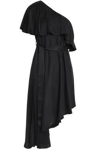 Shop Zimmermann One-shoulder Ruffled Washed-silk Dress In Black
