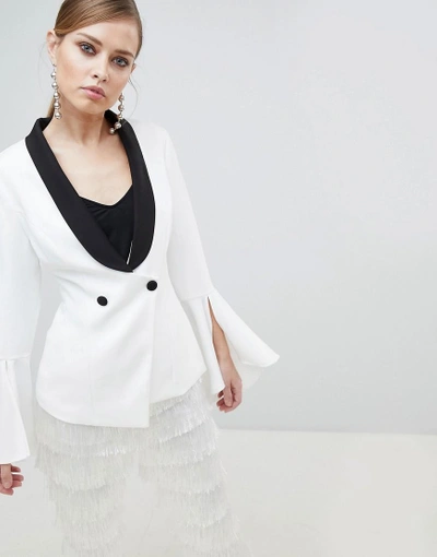 Shop Lavish Alice Monochrome Frill Sleeve Fitted Blazer-white