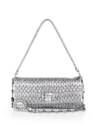 Shop Miu Miu Nappa Crystal Embellished Metallic Leather Shoulder Bag In Cromo Silver