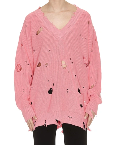 Shop Msgm Destroyed Knit Sweater In Pink
