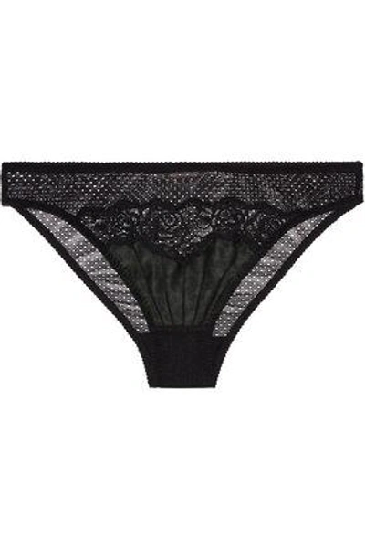 Shop Stella Mccartney Woman Leavers Lace-trimmed Mesh And Leopard-print Stretch-silk Satin Briefs Black