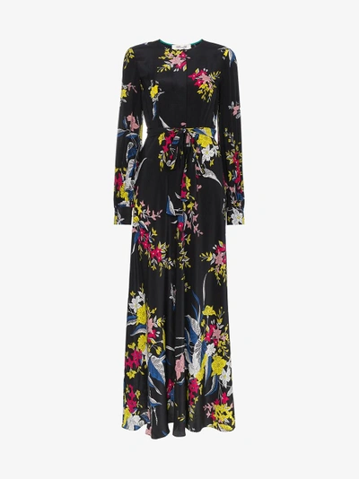Shop Diane Von Furstenberg Dvf  Silk Floral Maxi Dress With Waist Tie In Black