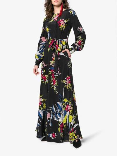 Shop Diane Von Furstenberg Dvf  Silk Floral Maxi Dress With Waist Tie In Black