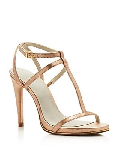 Shop Kenneth Cole Women's Bellamy Leather High-heel T-strap Sandals In Rose Gold