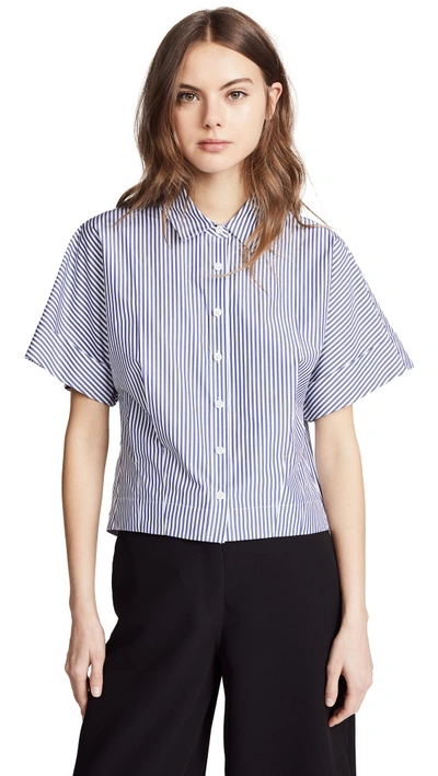 Shop Theory Cropped Button Down Shirt In Blue/white