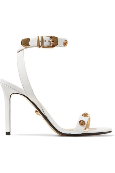 Shop Versace Embellished Leather Sandals In White
