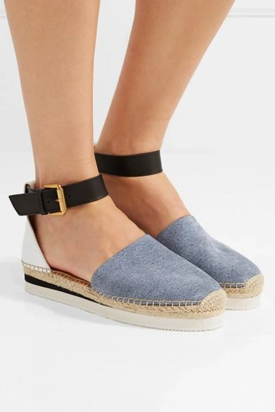 Shop See By Chloé Leather And Denim Platform Espadrilles In Light Denim