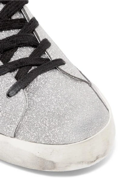 Shop Golden Goose Superstar Distressed Glittered Leather And Suede Sneakers In Silver