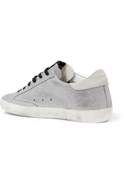 Shop Golden Goose Superstar Distressed Glittered Leather And Suede Sneakers In Silver