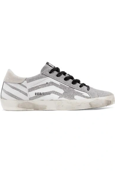 Shop Golden Goose Superstar Distressed Glittered Leather And Suede Sneakers In Silver