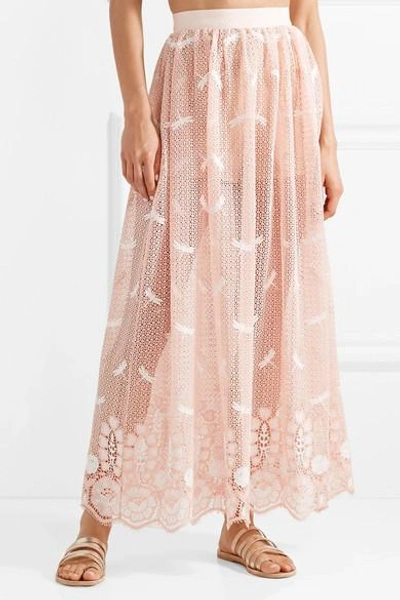 Shop Miguelina Paris Embroidered Crocheted Cotton Maxi Skirt In Blush