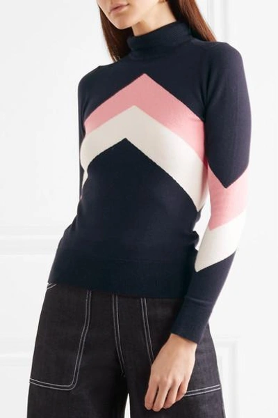 Shop Joostricot Striped Cotton-blend Turtleneck Sweater In Navy