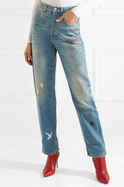 Shop Gucci Embroidered Distressed High-rise Straight-leg Jeans In Mid Denim