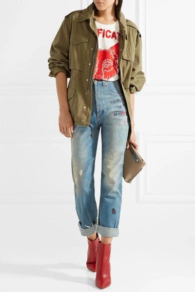 Shop Gucci Embroidered Distressed High-rise Straight-leg Jeans In Mid Denim