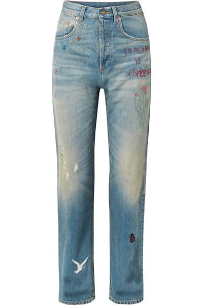 Shop Gucci Embroidered Distressed High-rise Straight-leg Jeans In Mid Denim