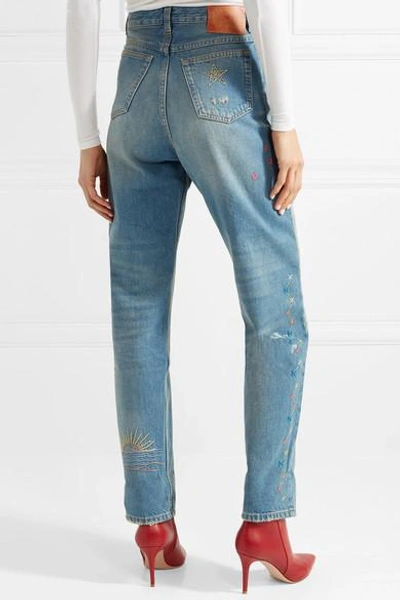 Shop Gucci Embroidered Distressed High-rise Straight-leg Jeans In Mid Denim