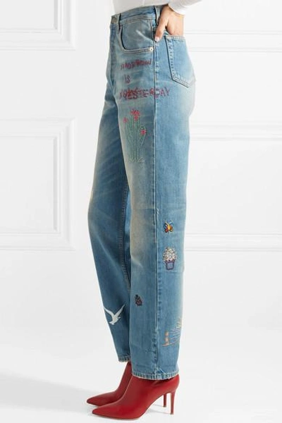 Shop Gucci Embroidered Distressed High-rise Straight-leg Jeans In Mid Denim