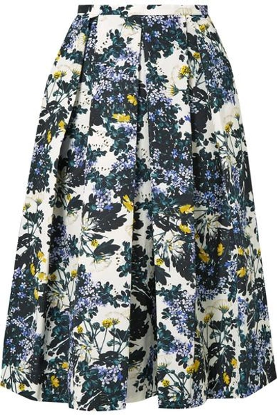 Shop Erdem Ina Pleated Floral-print Cotton-blend Faille Midi Skirt In Petrol