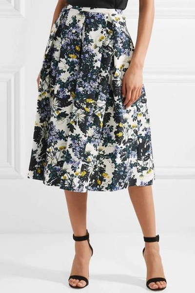 Shop Erdem Ina Pleated Floral-print Cotton-blend Faille Midi Skirt In Petrol