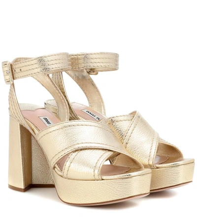 Shop Miu Miu Leather Platform Sandals In Gold