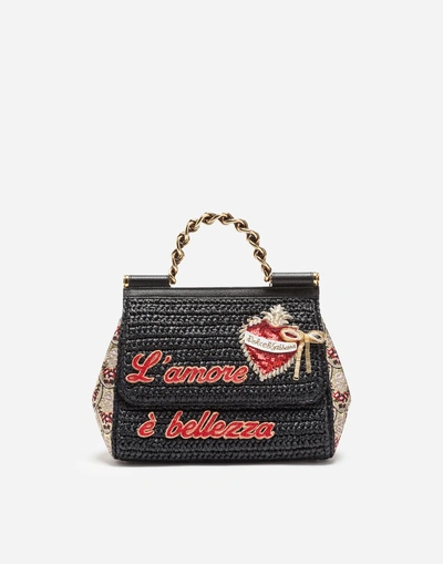 Shop Dolce & Gabbana Sicily Handbag In Raffia And Brocade In Black