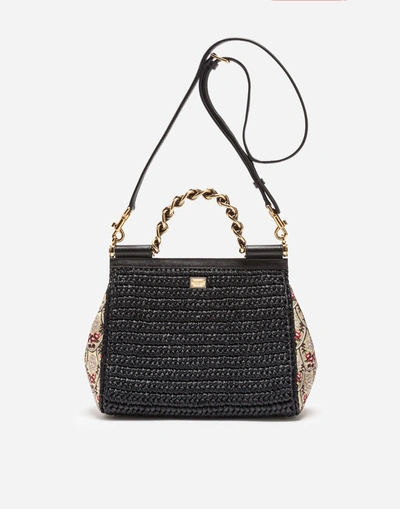 Shop Dolce & Gabbana Sicily Handbag In Raffia And Brocade In Black