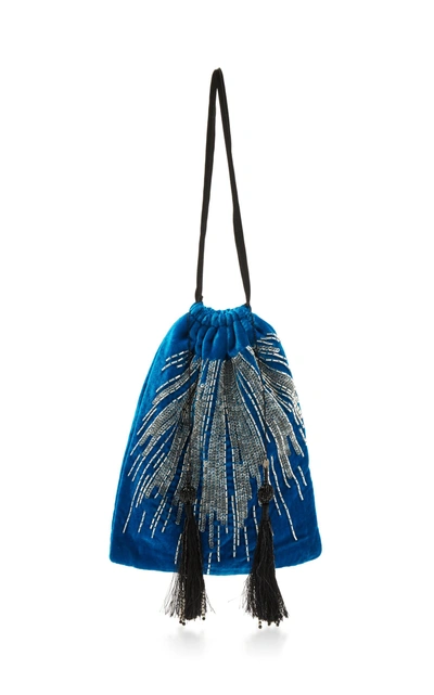 Shop Attico Velvet Embroidered Pouch Bag In Blue