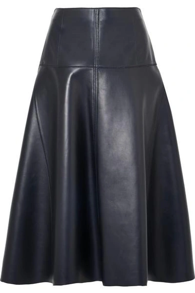 Shop Fendi Leather Midi Skirt In Midnight Blue